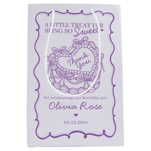 パープルボウレトロハートコケットケーキ誕生日 ミディアムペーパーバッグ (正面)