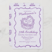 パープルボウレトロハートコケットケーキ誕生日 招待状 (正面/裏面)