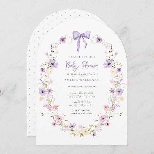 パープルボウワイルドフラワーアーチベイビーシャワー招待状 招待状 (正面/裏面)