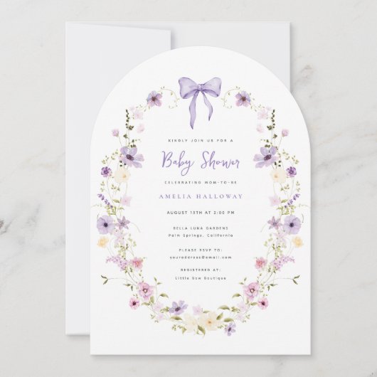 パープルボウワイルドフラワーアーチベイビーシャワー招待状 招待状 (正面)