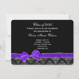 パープルボウ付き卒業式ダマスクデザイン 招待状