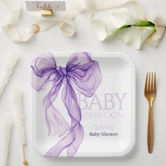 パープルボウ水カラーベビーイン開花ベビーシャワー ペーパープレート (ウェディング)