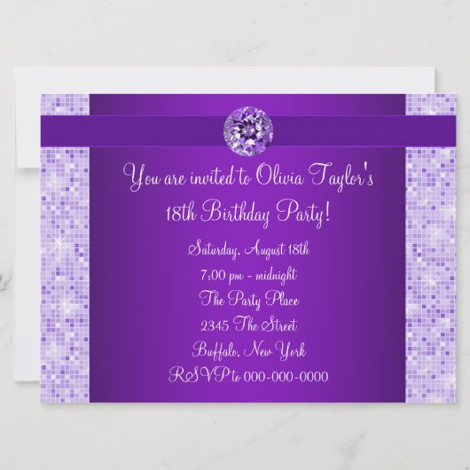 パープルボウ輝く女の子18th誕生日パーティー 招待状 (裏面)