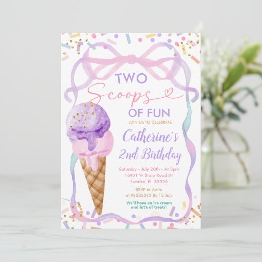パープルボウ2スクープのおもしろい誕生日アイスクリーム 招待状 (スタンド正面)