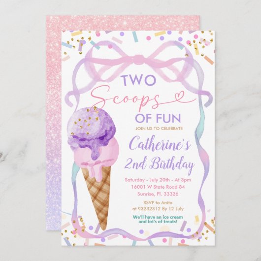 パープルボウ2スクープのおもしろい誕生日アイスクリーム 招待状 (正面/裏面)