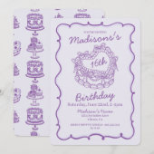 パープルボウ スイート16 ハート コケッタ ケーキ 誕生日 招待状 (正面/裏面)