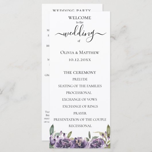 パープルボタニカルウォーターカラーフローラ結婚式 プログラム (正面/裏面)