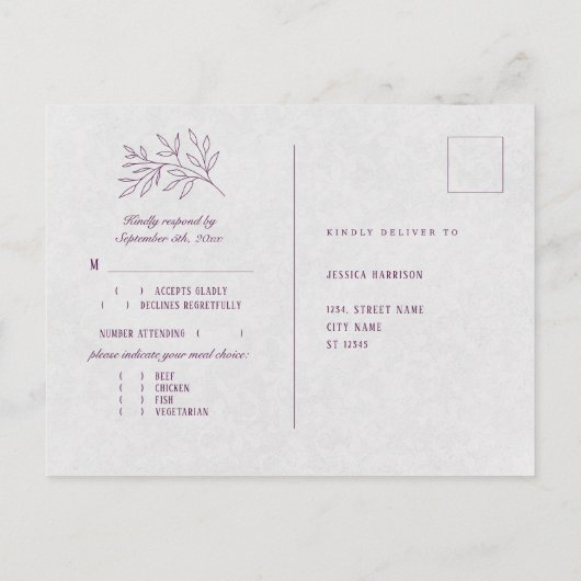 パープルボタニカルエレガントな結婚式食事選択RSVP ポストカード (裏面)