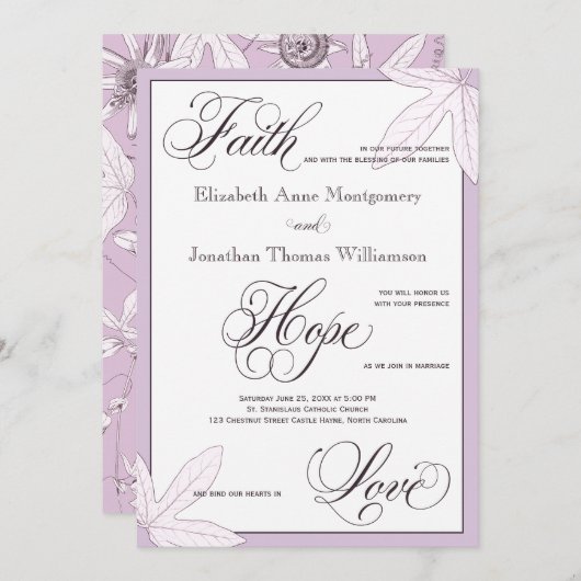 パープルボタニカルクリスチャン結婚式招待状 招待状 (正面/裏面)