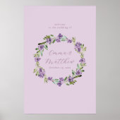 パープルボタニカルリース結婚のウェルカムサイン ポスター (正面)