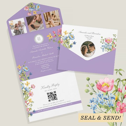 パープルボホワイルドフラワー結婚ズ オールインワン招待状