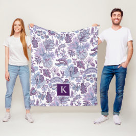 パープルボホヴィンテージフローラモノグラム フリースブランケット