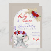 パープルボーホーゾウと蝶のベビーシャワー 招待状 (正面/裏面)