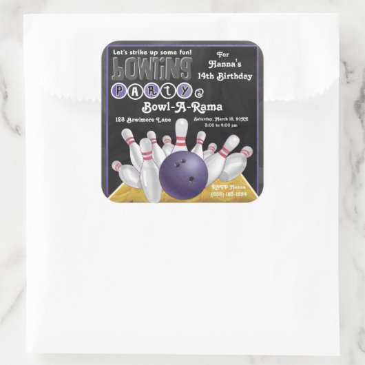 パープルボーリングパーティー招待状シール スクエアシール (バッグ)