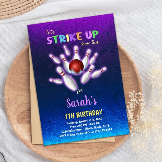 パープルボーリング誕生日招待状 招待状