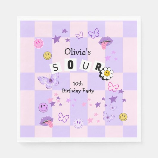 パープルポップ・アートのミュージックトゥイーン10代の誕生日招待状 スタンダードランチョンナプキン (正面)