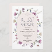 パープルマウヴモダンワイルドフラワーズブライダルシャワー 招待状 (正面/裏面)