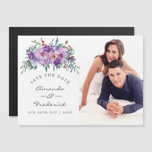パープルマグノリアとバラの結婚式Save the Date マグネット招待状 (正面/裏面)