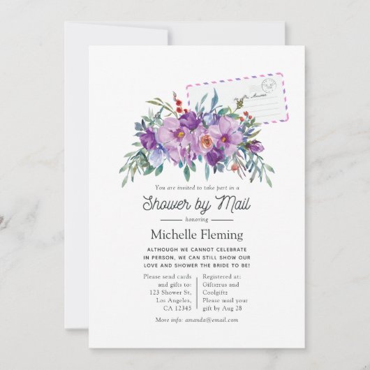 パープルマグノリアスとバラブライダルシャワーバイメール 招待状 (正面)