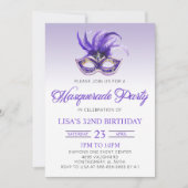 パープルマスカレードボールパーティーマーディグラス誕生日 招待状 (正面)