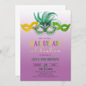 パープルマスカレードボールパーティーマーディグラス誕生日I 招待状 (正面/裏面)