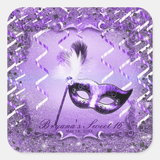 パープルマスカレードマスクエレガントボールパーティー スクエアシール (正面)