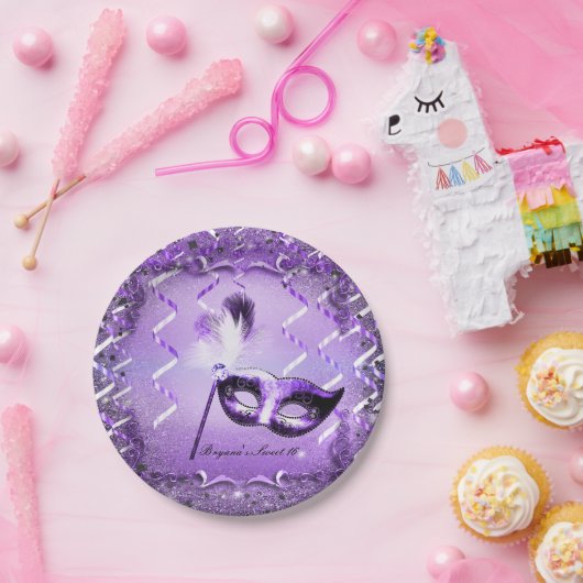 パープルマスカレードマスクエレガントボールパーティー ペーパープレート (パーティー)