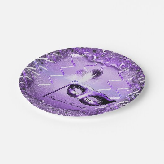パープルマスカレードマスクエレガントボールパーティー ペーパープレート (アングル)