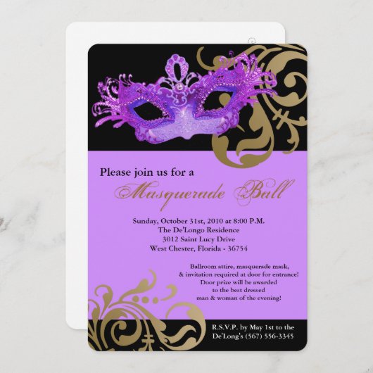 パープルマスカレードマスクボールの衣装ハロウィーン 招待状 (正面/裏面)