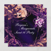 パープルマスカレードマスク&バラエレガント招待状 招待状 (正面/裏面)
