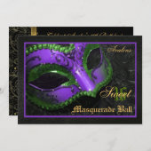 パープルマスクマスカレードスイート16パーティの招待状 招待状 (正面/裏面)