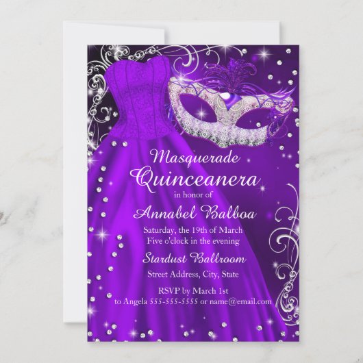 パープルマスク&ドレスマスカレードキンセアニェラ招待状 招待状 (正面)