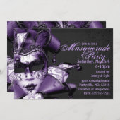 パープルマルディグラスマスカレード 招待状 (正面/裏面)