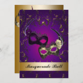 パープルマルディグラスマスクマスカレードパーティー 招待状 (正面/裏面)