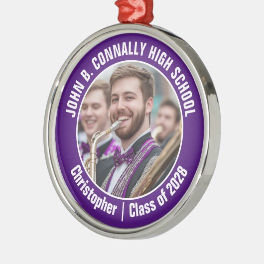 パープルマーチングバンド写真高校クリスマス メタルオーナメント (左)