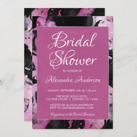 パープルマーブルグリッタースパークルブライダルシャワーパーティー 招待状 (正面/裏面)