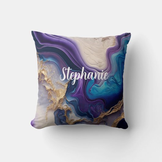 パープルマーブルバラ金ゴールド パーソナライズされた クッション (正面)