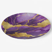 パープルマーブル模様にゴールド ペーパープレート (アングル)