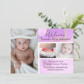 パープルマーブル3フォトガールベビー誕生のお知らせ 招待状 (スタンド正面)