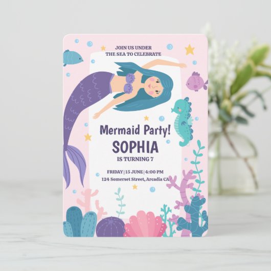 パープルマーメイドかわいいザシーアンダー誕生日 招待状 (スタンド正面)