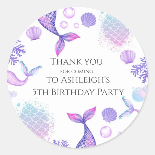 パープルマーメイドをテーマにした誕生日パーティーステッカー ラウンドシール (正面)