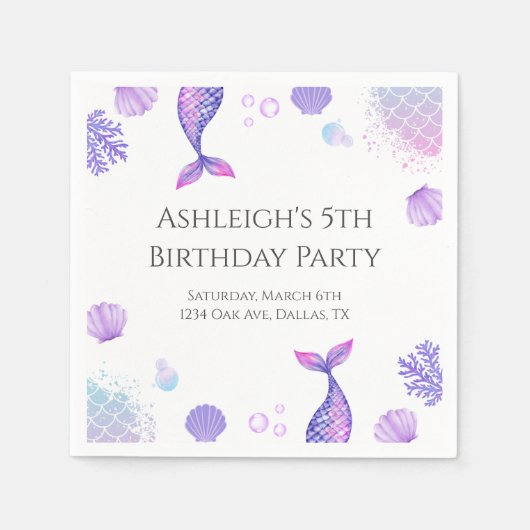 パープルマーメイドをテーマにした誕生日パーティー スタンダードカクテルナプキン (正面)