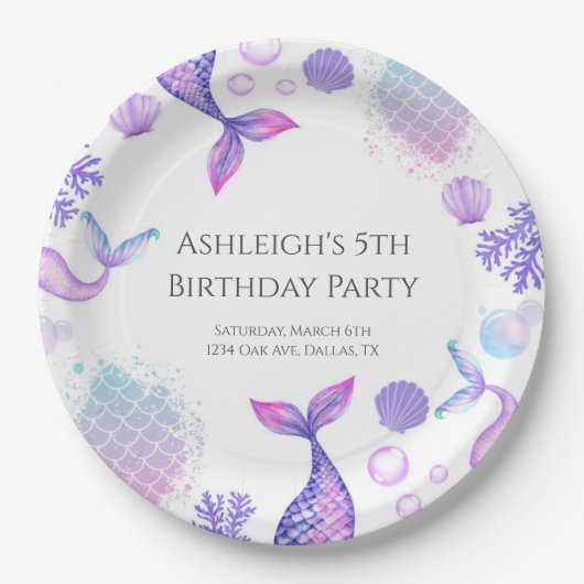 パープルマーメイドをテーマにした誕生日パーティー ペーパープレート (正面)