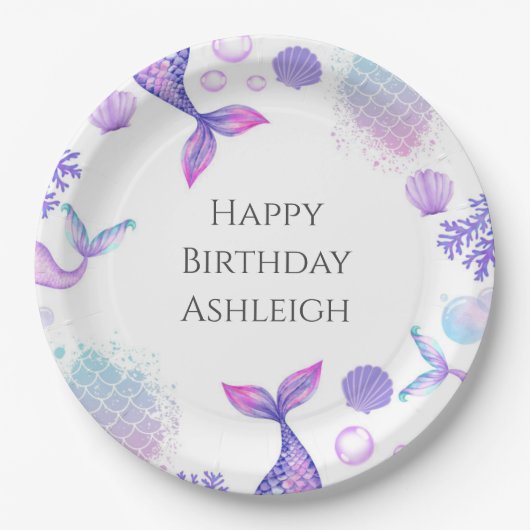 パープルマーメイドをテーマにした誕生日パーティー ペーパープレート (正面)
