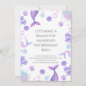 パープルマーメイドをテーマにした誕生日パーティー 招待状 (正面)