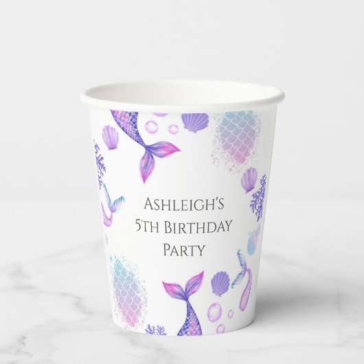 パープルマーメイドをテーマにした誕生日パーティー 紙コップ (裏面)
