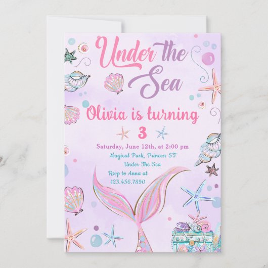 パープルマーメイドアンダーザシー誕生日招待状 招待状 (正面)