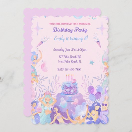 パープルマーメイドアンダーザシー誕生日 招待状 (正面/裏面)