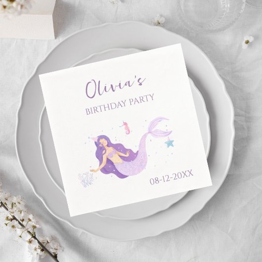 パープルマーメイドガールズパーソナライズされた誕生日ナプキンス スタンダードカクテルナプキン