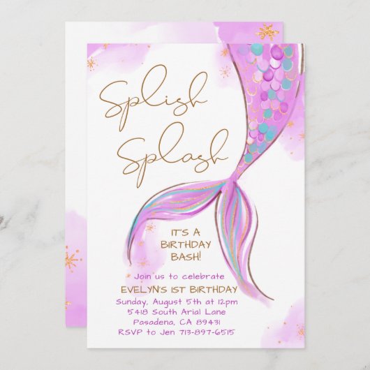 パープルマーメイドスプラッシュガール誕生日 招待状 (正面/裏面)